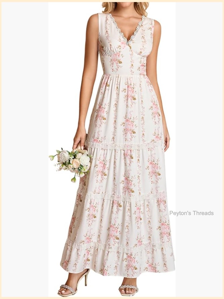V-Neck Corset Maxi Dress With Floral Lace - Tiered A-Line Flowy Wedding Guest